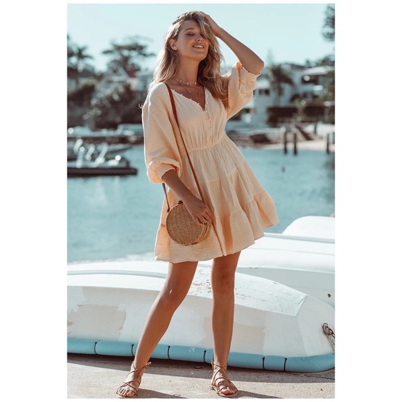 SOLD OUT CLEARANCE Peach Tiered Ruffle Button Neck Mini Dress - Picture 4 of 8